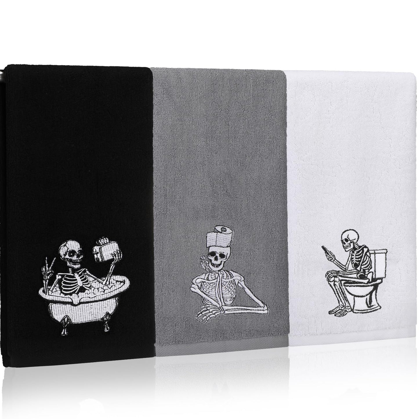 Breling 3 Pcs Halloween Skeleton Kitchen Hand Towels 13.3 x 29 Inch Towels for Bathroom Cotton Soft Embroidered Home Decoration 100% Cotton for Goth Kitchen Halloween Birthday Gifts