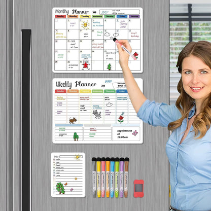 Hivillexun 3-Pack Magnetic Dry Erase Calendar Whiteboard Set for Fridge, Wall & Refrigerator Organisation – Monthly, Weekly & Daily Planners – Includes 8 Markers & Eraser