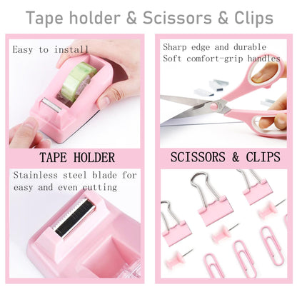 Pink Desk Accessories, Pink Office Supplies Accessories with Tape Dispenser, Stapler, Staple Remover, 1000 Staples, Tape, Clips Set, Ruler, Scissor, Pen