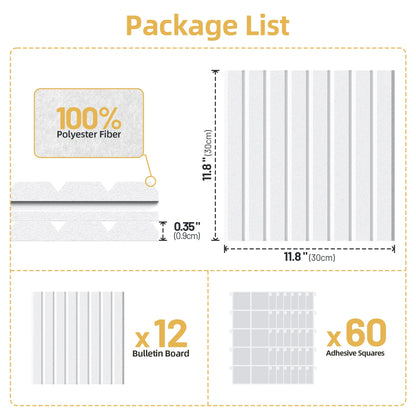 Large Cork Board for Wall 36" x 48" White Bulletin Board with Safe Removable Adhesive Squares for Pictures Photos, Alternative CorkBoard Felt Pin Boards Tiles for Office Classroom Wall Decor - 12 Pack