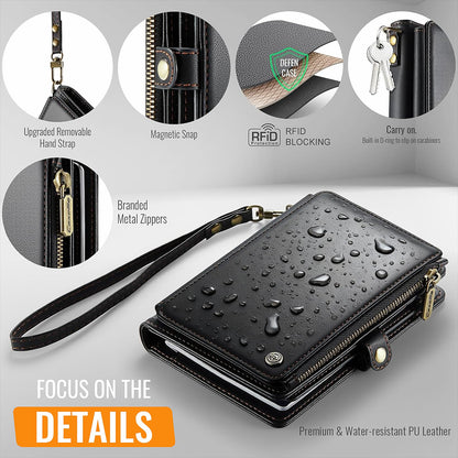 XIMAND Passport Holder Wallet Bag with AirTag Holder, 11 Card Slots and Passport Solt Cash Solt Photo Solt Zipper Pocket, RFID Blocking Wristlet Strap.Black