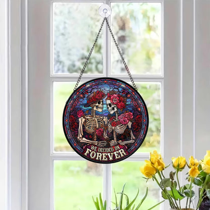FIVITY FIVITY Stained Glass Window Hanging 7.8'' Skeleton Couple Suncatcher We Decided On Forever Stained Glass Ornament Suncatchers with Hanging Chain for Wife Husband Wedding for Hi