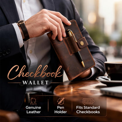 TheAntiq Leather Checkbook Cover with Pen Loop, Full Grain Check Book Holder Wallet for Personal & Duplicate Checks, Slim Money Organizer for Men & Women – Brown
