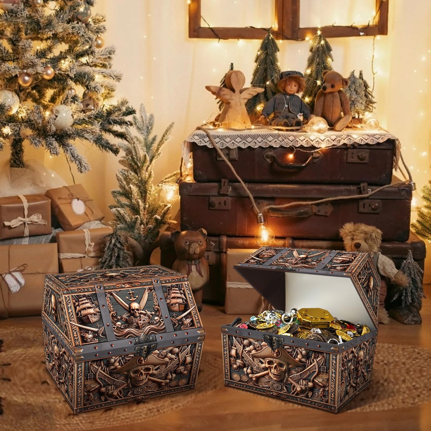 PETCEE Pirate Skull Treasure Box - 9x9.3x8 Large Pirate Treasure Chest for Classroom Chirstmas Treasures Box Rewards Chest Toys and Storage Perfect Classroom Treasures Boxes for Students