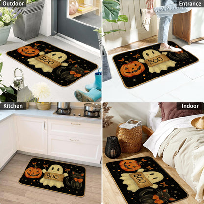 Doormat Halloween Ghost Boo Front Door Mat Indoor Outdoor Entrance,Black Cat Pumpkin Door Mat Waterproof Low Profile All-Season,Easy Clean Patio Porch Entryway Floor Rug 17x29 Inch
