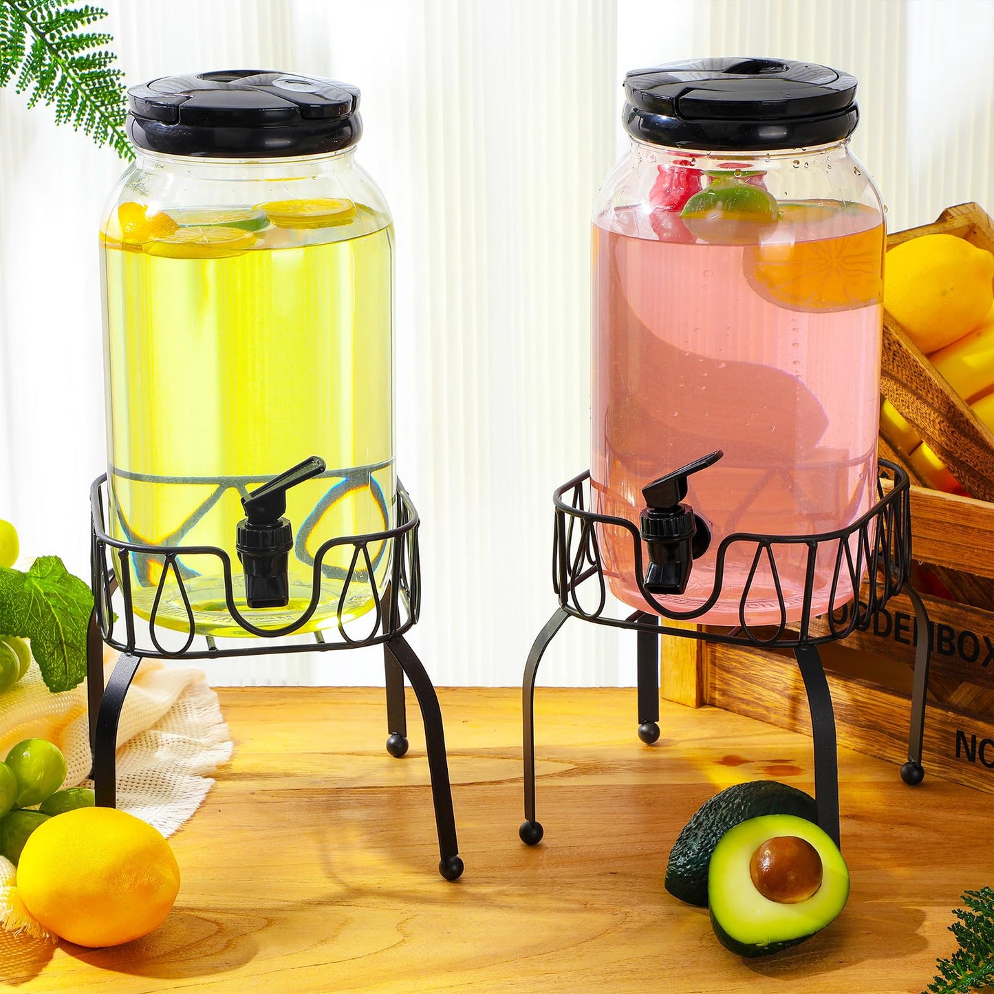 Tanlade 2 Pcs Plastic Drink Dispenser with Stand Beverage Dispenser with Sturdy Metal Base Juice Jar for Parties Lemonade Jar Spigot for Weddings Countertop Water, Each 1 Gallon(Black)