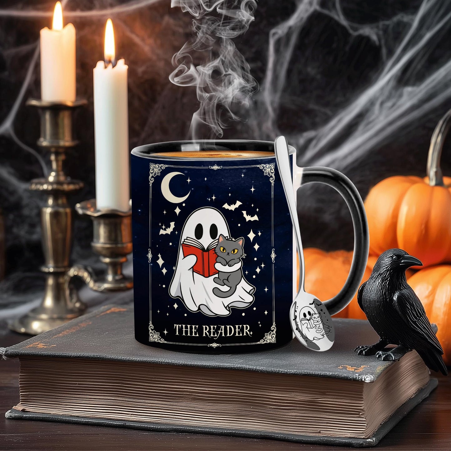 Hyturtle Cute Ghost with Cat Coffee Mug with Spoon for Halloween Birthday