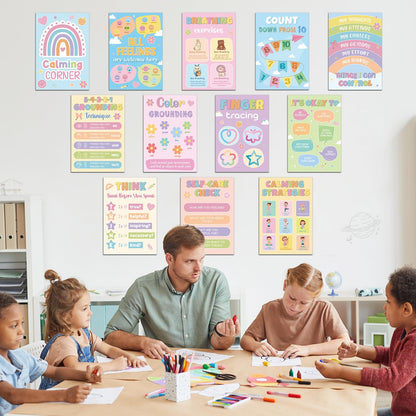 12Pcs Calming Corner Posters for Classroom Calm Down Pastel Emotions Feeling Poster for Kids Inspirational Back to School Wall Decor Motivational Mental Health Posters for Office Home Teacher Supplies