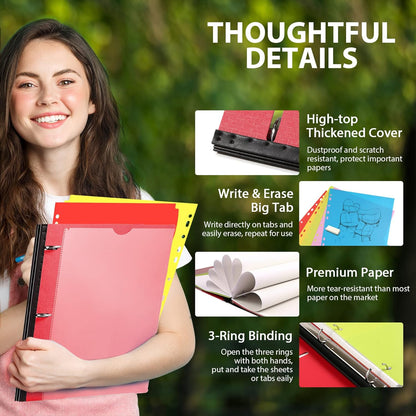WOT I 1-Pack Telescoping 3 Ring Binder Notebook - Customizable Cover, 5 Dividers & Pocket Folder in One Slim Organizer (60 Sheets Included), Red
