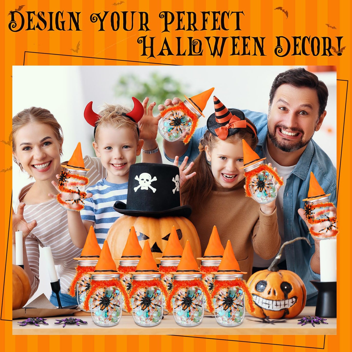 Mimorou 12 Sets Halloween Candy Jars 8.5 oz Plastic Cookie Jars Kit with Witch Hat Lid Scary Spider Food Storage Containers Trick or Treat DIY Crafts for Halloween Party Centerpieces Decor(Orange)