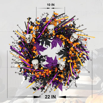 LLZLL Halloween Wreaths for Front Door 22 Inch Halloween Wreath Artificial Skull Wreath with Maple Leaves and Berries for Gothic Decoration