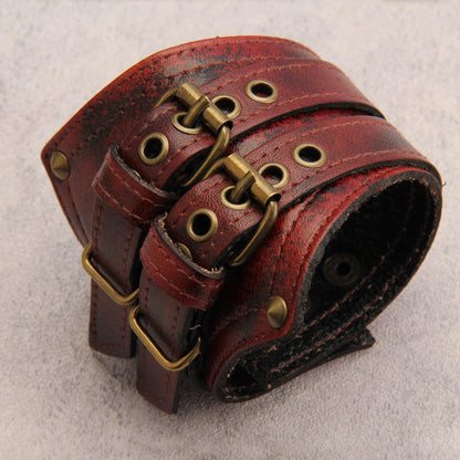 GelConnie Mens Leather Cuff Bracelet Wide Punk Rock Wristband Studded Bracelet Red Adjustable Leather Arm Band