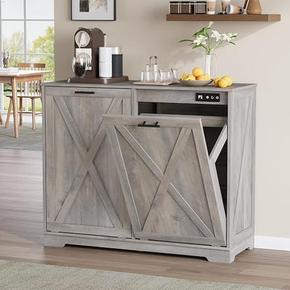 Double Tilt Out Trash Can Cabinet, Wooden Farmhouse Kitchen Garbage Bin Enclosure with Negative Ion Odor Control, Hidden Dog Proof Trash or Laundry Basket Storage for Laundry Room, Grey