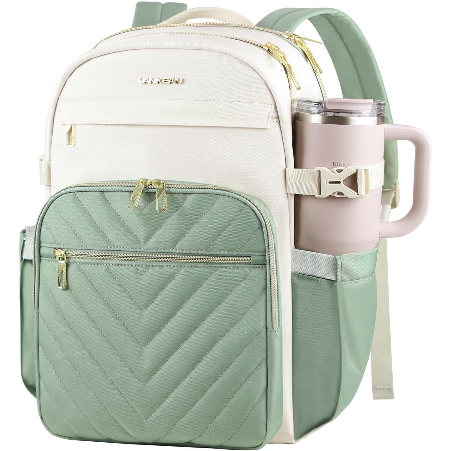 VANKEAN Laptop Backpack for Women with Pouch Pocket for Large Capacity Tumbler, 15.6 Inch Laptop Computer Bag Travel Backpack Purse,Waterproof Work Business College Teacher Bags, Beige-Light Green