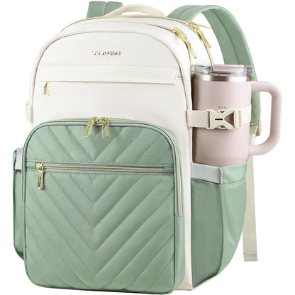 VANKEAN Laptop Backpack for Women with Pouch Pocket for Large Capacity Tumbler, 15.6 Inch Laptop Computer Bag Travel Backpack Purse,Waterproof Work Business College Teacher Bags, Beige-Light Green