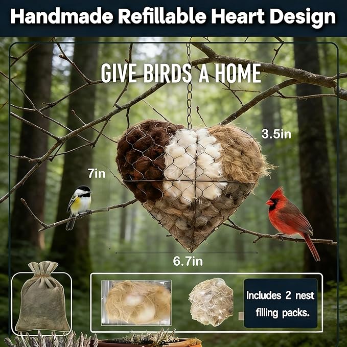 Handmade Alpaca Fiber Bird Nesting Heart with 2 Refill Bags, Reusable Nesting Material Accessory for Wild Birds, Outdoor Garden Decoration, Gift for Bird & Nature Lovers (1 Sets)