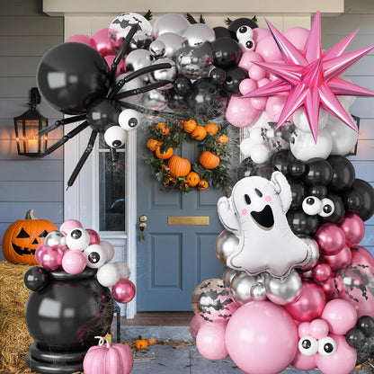 Halloween Balloon Arch Garland Kit, 129Pcs Black Spider White Eyes Bats Pink Metallic Silver Red Latex Balloons with Ghost Explosion Star Foil Balloons for Spooky Halloween Party Outdoor Decorations