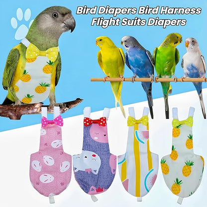 2Pcs Bird Diapers Bird Harness Flight Suits Diapers with 80 Inch Flying Leash Parrot Nappy Washable Cute Urine Wet Suit for Cockatiel Conure Macaw Budgies Parakeet-Rabbit&Kitten,M