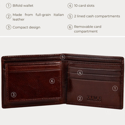 Time Resistance Leather Wallet – Italian Handmade Minimalist Design Wallet - Billfold Credit Card and Cash Holder (Brown)