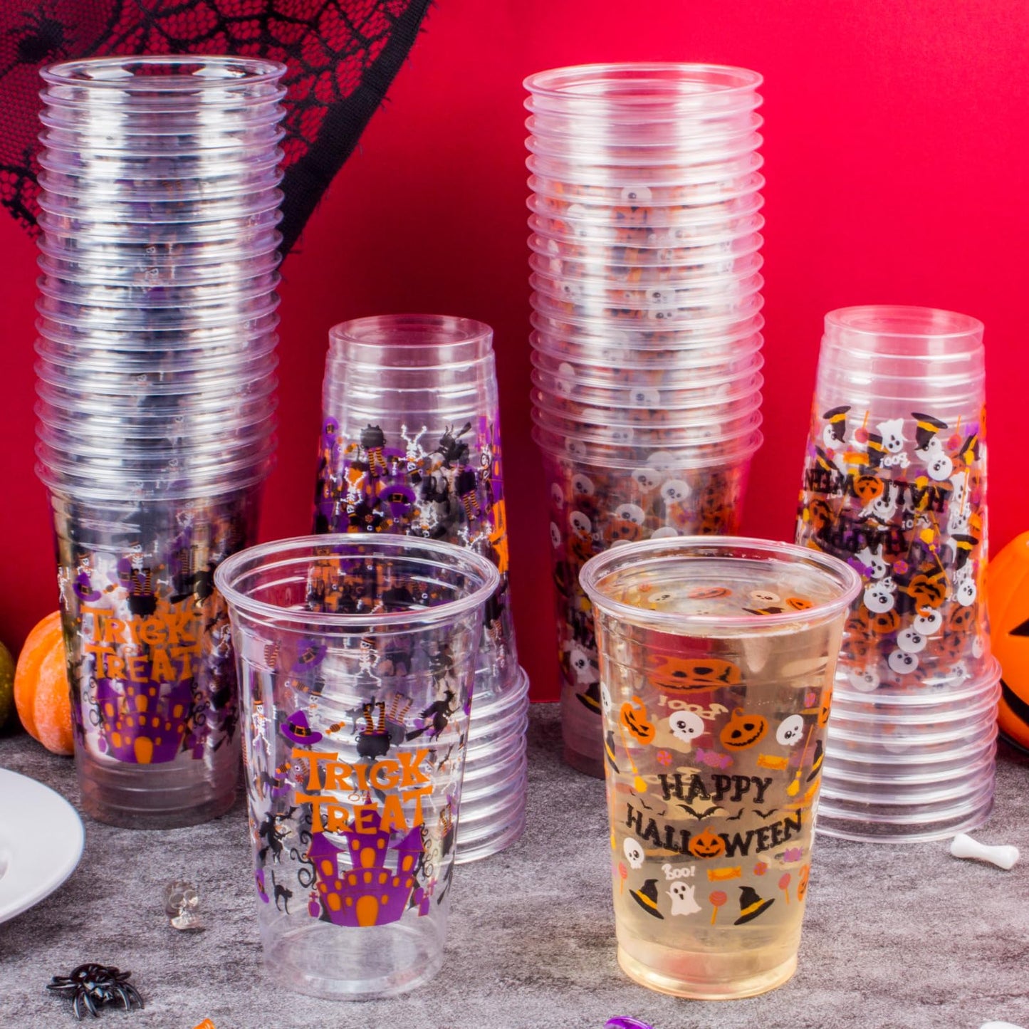 60PCS 16oz Halloween Cups – Disposable Plastic Happy Halloween and Trick or Treat Cups with 2 Unique Designs for Party Supplies, and Drinks