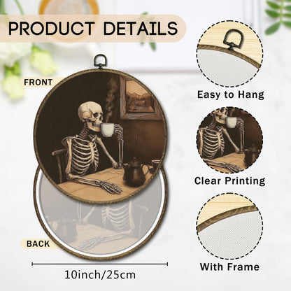 OINDADE Gothic Skull Coffee Round Wall Art Decor, Skeleton Halloween Wall Art Hanging Decor, Dark Moody Spooky Coffee Lover Framed Canvas Artwork for CoffeeBar Kitchen Living Room, 10x10in