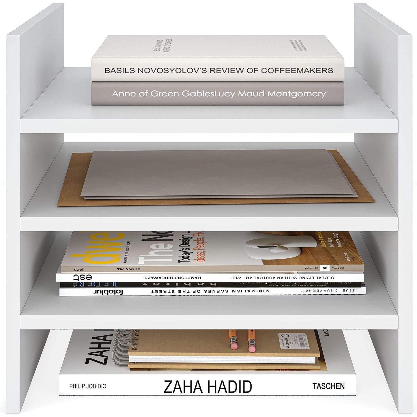 Ballucci 4-Tier Paper Sorter and File Organizer for Desk, Wood Mail Sorter, Fits into IKEA Kallax and ClosetMaid Cube Storage Shelves, Paper Tray, Mail Holder Stand for Classroom, Office, White