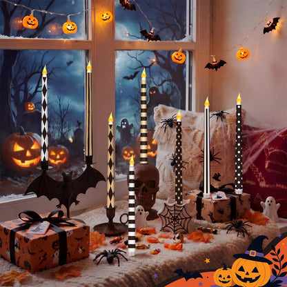 Lounsweer 8 Pcs Halloween Flameless Taper Candles 10.6 Inch LED Black and White Striped Flameless Candles Flickering Battery Operated Plastic Flickering LED Candlestick for Window Home Party Decor