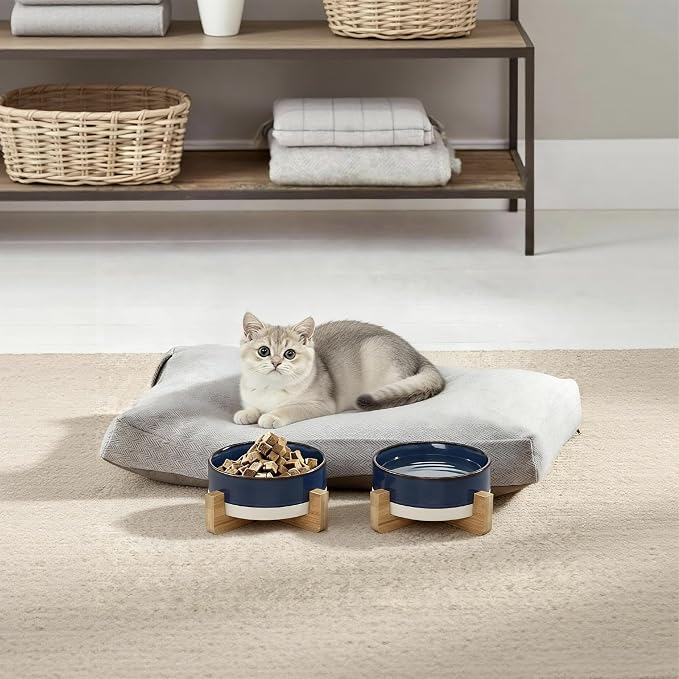 Elevated Ceramic Cat and Dog Double Bowl Set - 14 oz Lead-Free Feeder with Two Natural Bamboo Wood Stands (Blue)