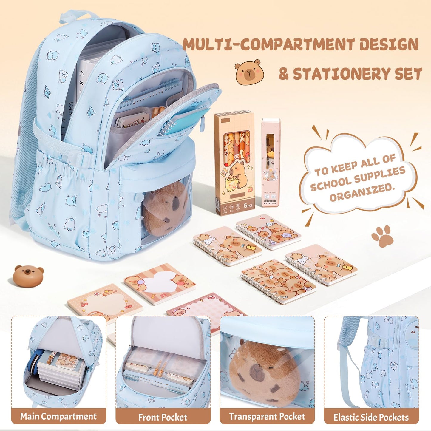 Similove Capybara Theme Backpack for School Girls, 35PCS Kids Backpack Set with School Supplies Stationery Kit Lunch Box Pencil Case, Cute Girls Bookbag for Kindergarten Elementary Student