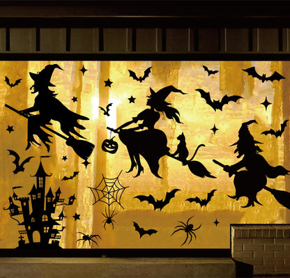 JarThenaAMCS Extra Large Halloween Window Clings Black Witch Castle Bat Window Stickers Double-Sided Glass Decals for Home Classroom Office Party Decoration, 4 Sheets