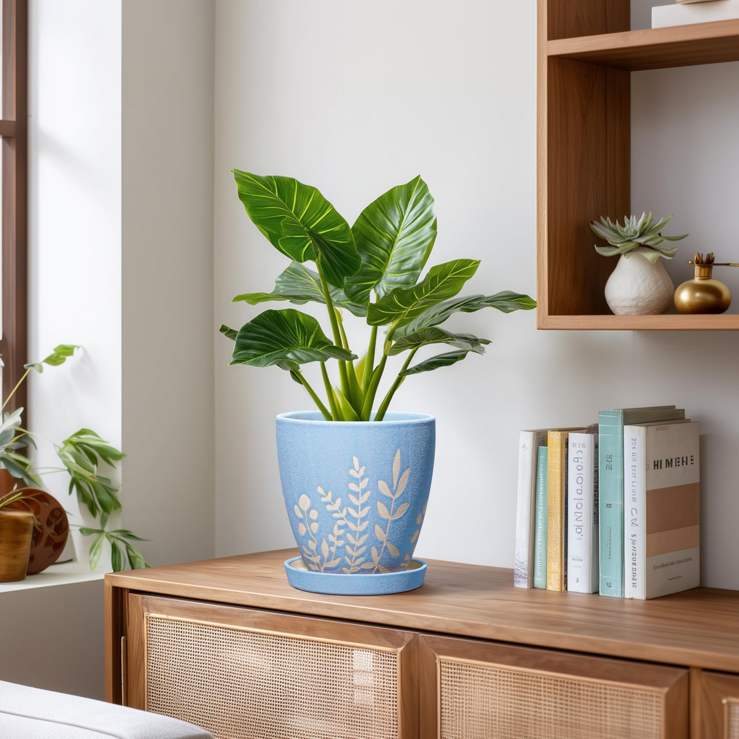 EPFamily 6 Inch Ceramic Plant Pot with Saucer - Small Flower Pot with Drainage for Succulents & Herbs, Boho Desk Home Office Room Decor, Plant Lovers Gifts, Blue