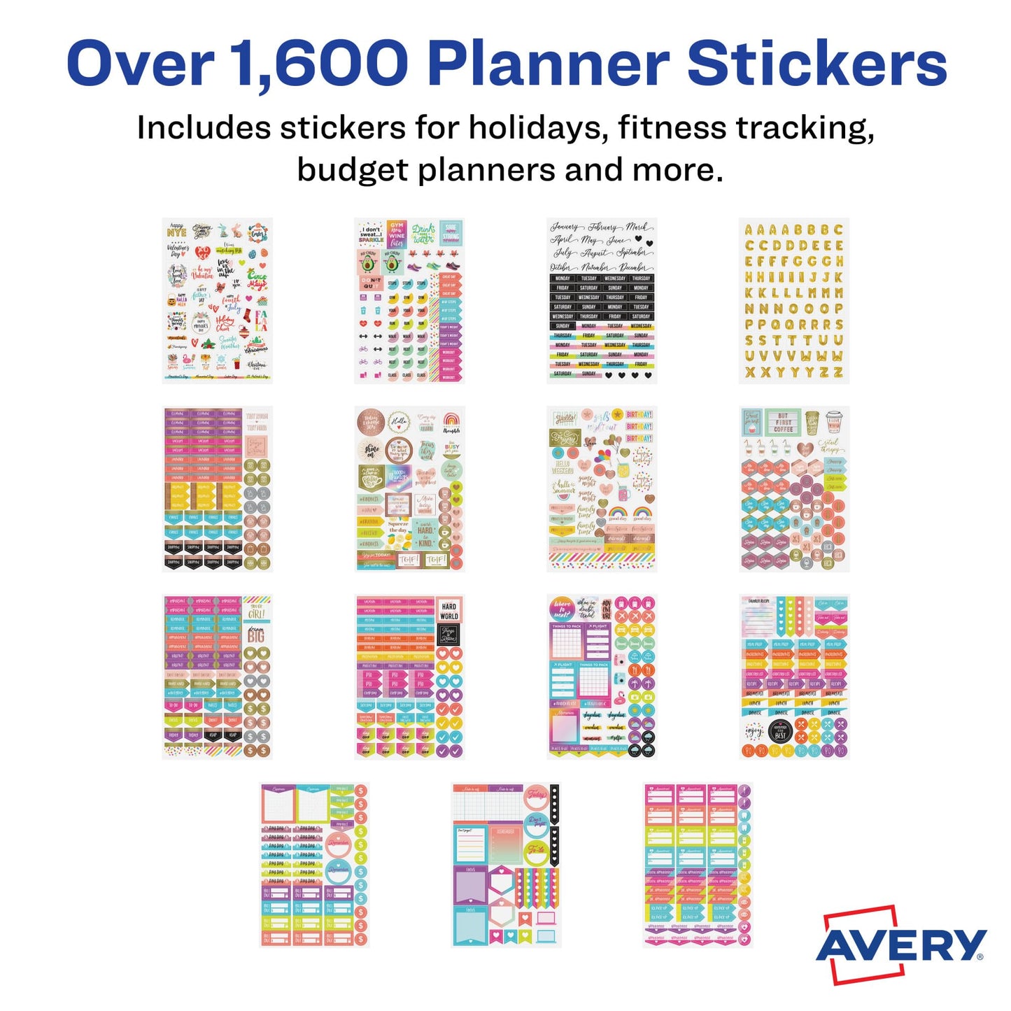 Avery Planner Stickers Variety Pack, 30 Sheets, 1,656 Productivity Stickers for Your Planner, Journal or Calendar (6785)