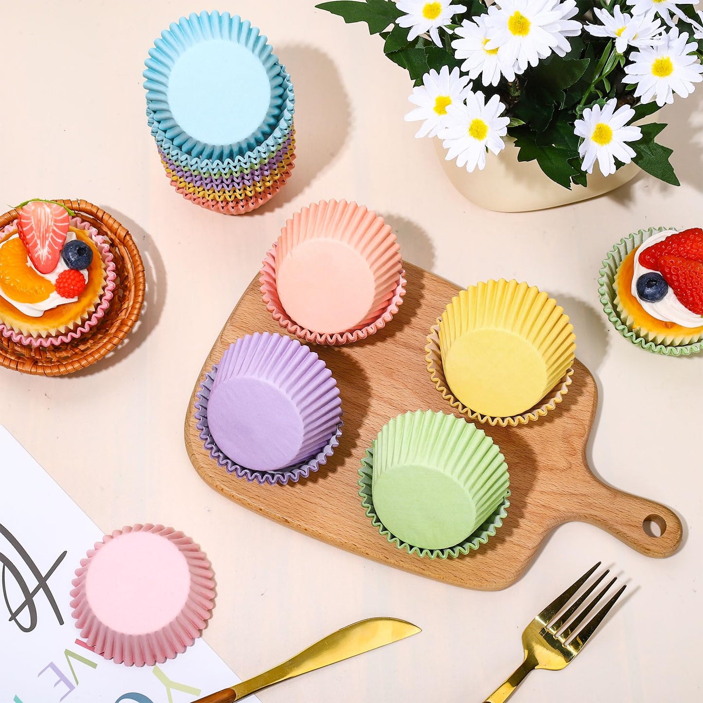 Whaline 300Pcs Colorful Cupcake Liners Pastel Color Cupcake Wrappers Baking Cup Light Pink Blue Purple Yellow Orange Green Muffin Liners for Spring Easter Baby Shower Gender Reveal Wedding Birthday