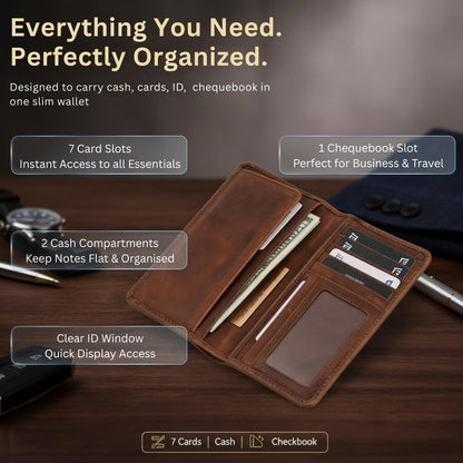 Jajmo Legacy Full Grain Leather Checkbook Cover, Long Bifold Wallet for Men - 11 Compartments