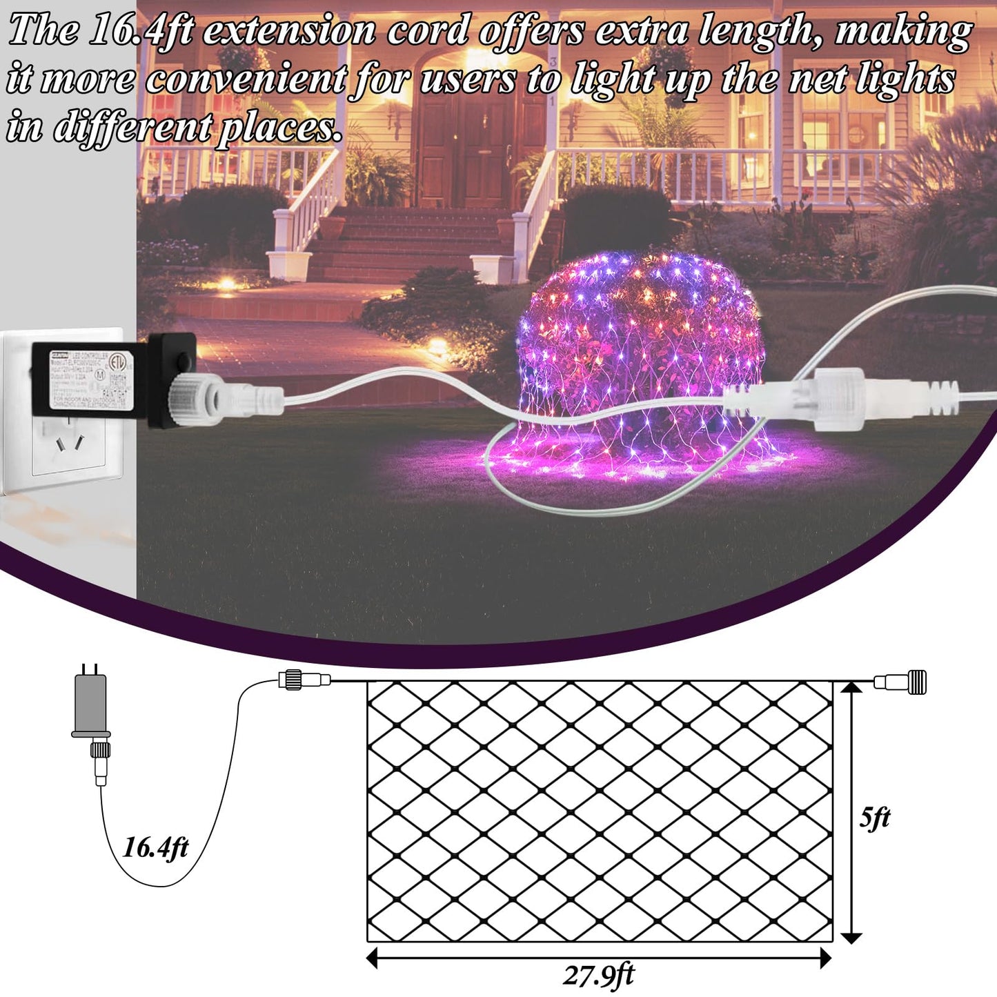 Lovelite 510LED Halloween Net Lights, 28ft x 5ft Outdoor Mesh Lights Purple Orange Clear Wire, 8 Modes & Timer, Waterproof Connectable String Lights for Bushes Xmas Tree Garden Holiday Party