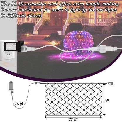 Lovelite 510LED Halloween Net Lights, 28ft x 5ft Outdoor Mesh Lights Purple Orange Clear Wire, 8 Modes & Timer, Waterproof Connectable String Lights for Bushes Xmas Tree Garden Holiday Party