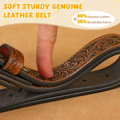 SANSTHS Kids Western Belt without Buckle Genuine Leather Boys Girls Belt Strap Cowgirl Cowboy Belts for Jeans Western Gifts, Embossed Leaf/Brown