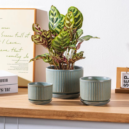 SURE YUESI Green Ceramic Plant Pots Set of 3 (4.3”+5.5”+6.7”), Indoor Striped Planters with Drainage Hole, Mesh Pads, Decorative Pots for Plants & Gardening