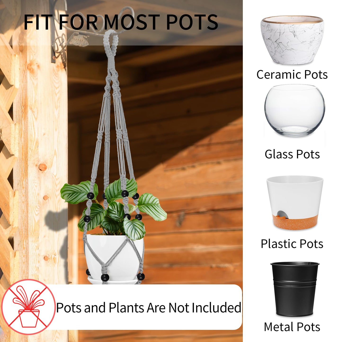 IDEEEPAN Macrame Plant Hanger - Fits 4 to 13 inches Pots for Indoor Outdoor, 35"/29"/23" Different Sizes Set, Gray (POTS NOT Included)