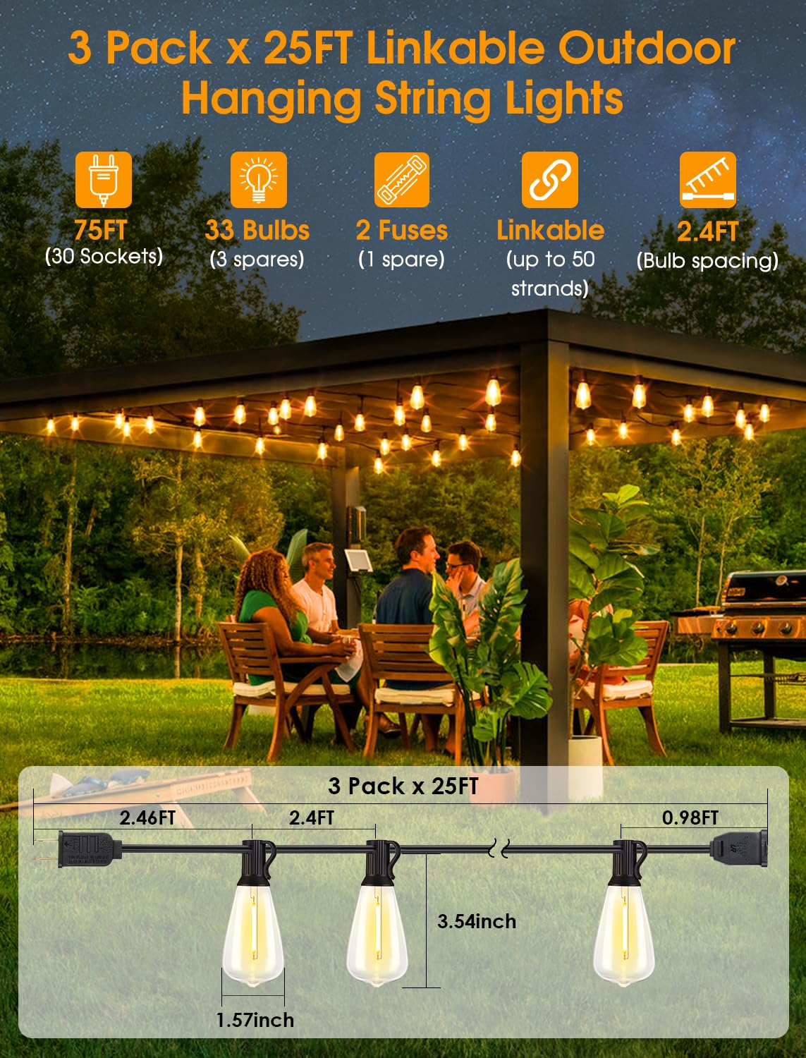 Larkvue 75FT(3x25FT) Outdoor String Lights, Patio Lights with 30+3 LED Dimmable Waterproof Connectable ST38 Bulbs for Outside Porch Balcony, Black