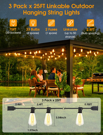 Larkvue 75FT(3x25FT) Outdoor String Lights, Patio Lights with 30+3 LED Dimmable Waterproof Connectable ST38 Bulbs for Outside Porch Balcony, Black
