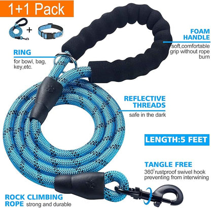 Ladoogo Reflective Dog Collar Padded with Soft Neoprene Breathable Adjustable Nylon Dog Collars for Small Medium Large Dogs (Small (Pack of 1), Vivid Blue Collar+Leash)