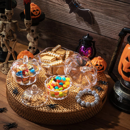 Mimorou 3 Pcs Glass Pumpkin Candy Jar Thanksgiving Clear Candy Bowl Storage with Lids 3 Sizes Fall Cute Snack Crystal Jars for Home Decoration Thanksgiving Centerpieces Wedding Party