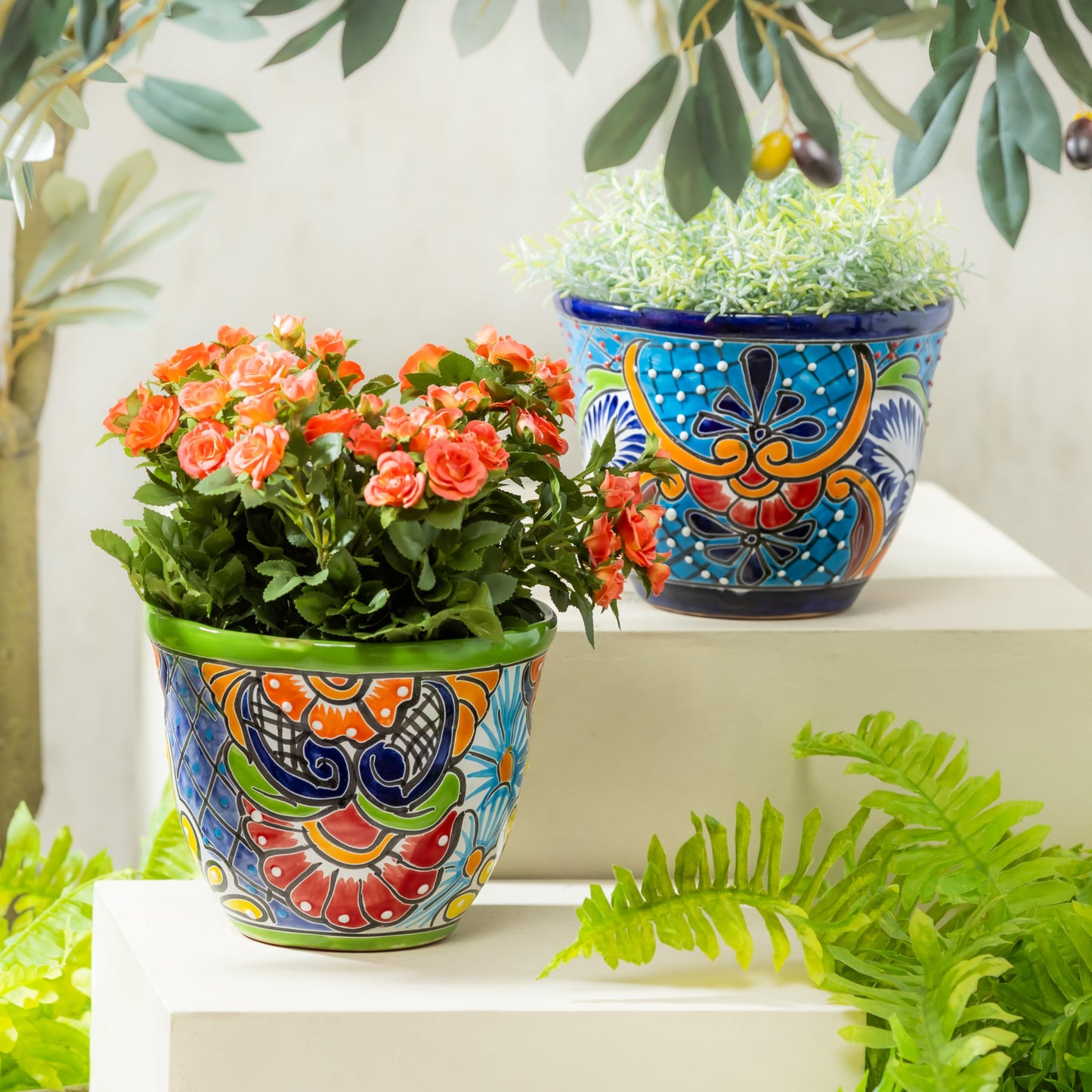 Evergreen 7 inch Talavera Mexican Pottery Ceramic Green Detailed Baul, Set of 2, Flower Pot Plant Succulent, Indoor Outdoor