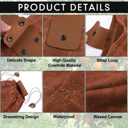 Brown Foraging Bag, Outdoor Picking Fruit Bags, Waxed Canvas Foraging Pouch, Foldable Leather Belt Pouch With Drawstring Multi-Purpose Picking Bag for Camping, Shells, Treasures, Travel, Hiking, Tools