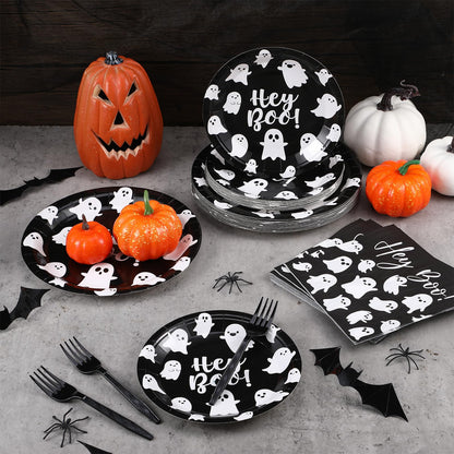 Havawish 122pcs/ 24 Set Halloween Paper Plate and Napkin Hey Boo Tableware Set Include 48 Spooky Black White Ghost Plate 50 Cocktail Napkins 24 Forks for Halloween Birthday Party Decoration, Serve 24