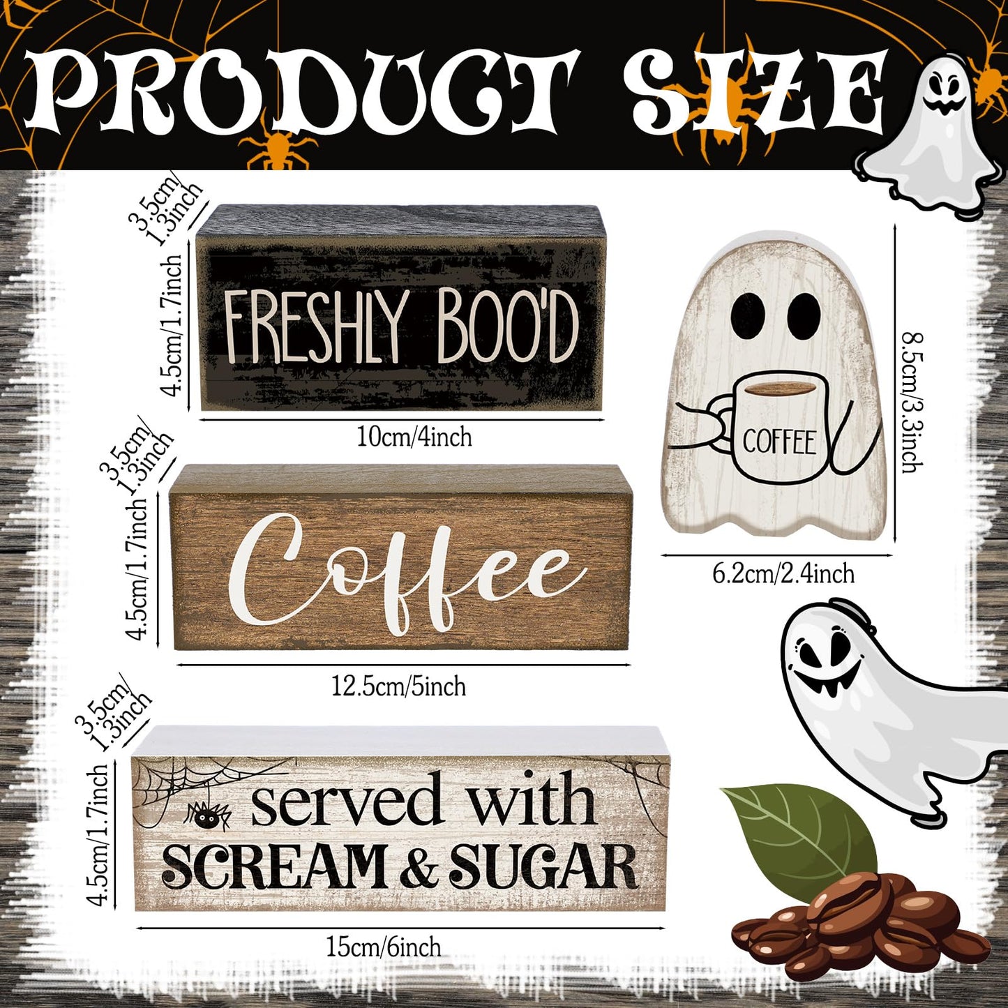 Lineshading 4 Pcs Halloween Table Decor Coffee Ghost Wooden Sign Halloween Tiered Tray Decor Farmhouse Ghost Tabletop Centerpiece Decorative Coffee Bar Block Signs for Home Office Kitchen Shelf