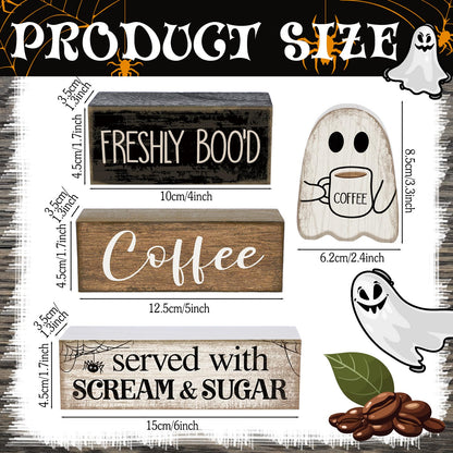 Lineshading 4 Pcs Halloween Table Decor Coffee Ghost Wooden Sign Halloween Tiered Tray Decor Farmhouse Ghost Tabletop Centerpiece Decorative Coffee Bar Block Signs for Home Office Kitchen Shelf