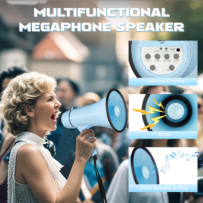 MyMealivos 20W Megaphone Bullhorn, Built in Siren & 240s Recording, 5.4"×8.6" Portable Megaphone with Volume Control Cover Up to 300 feet+ for Indoor and Outdoor Activities(Light Blue)
