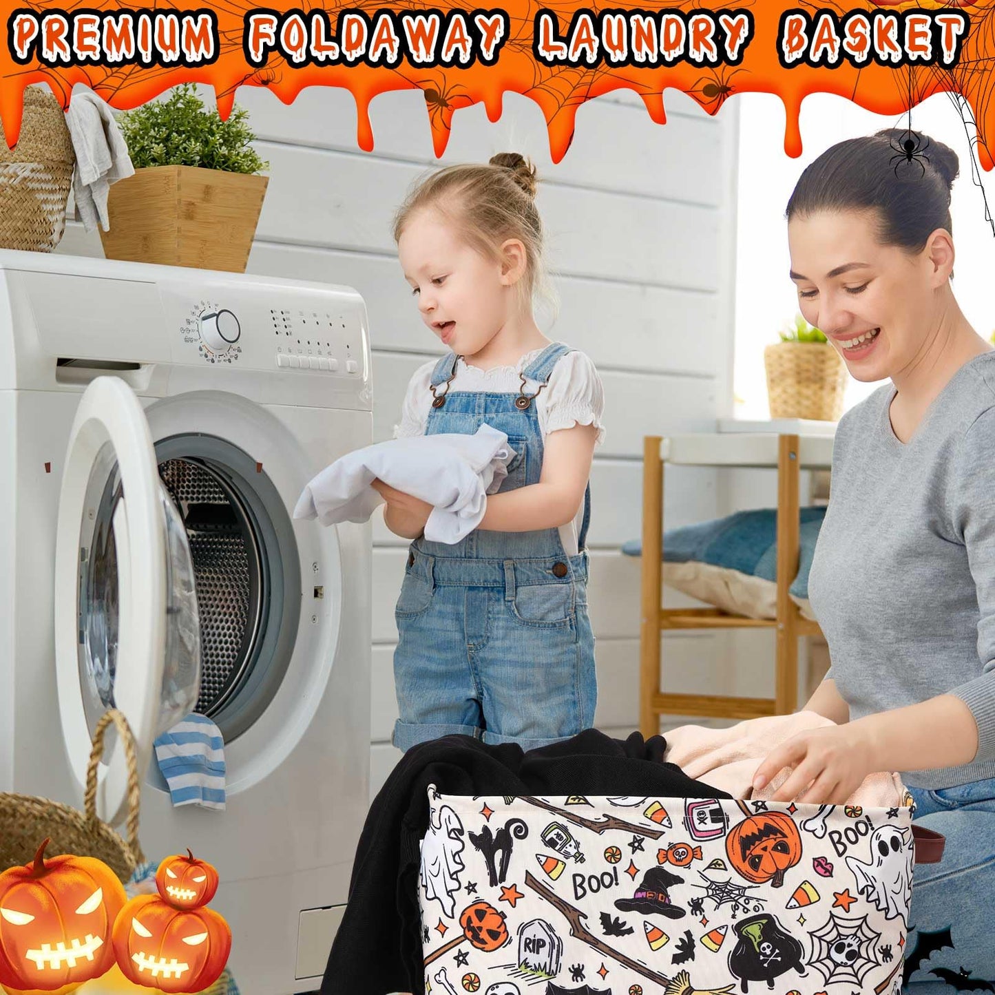 Boao 3 Pack Halloween Ghost Basket with Handles Collapsible Large Canvas Storage Baskets Boo Spooky Skull Pumpkin Cat Foldable Storage Bins Organizer Bins for Trick or Treat Gifts Bedroom Home Office